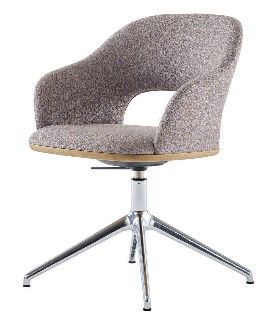 Moderner ergonomischer Stuhl mit gebogenem Design, gepolstertem Sitz und stabilem verchromtem Gestell.