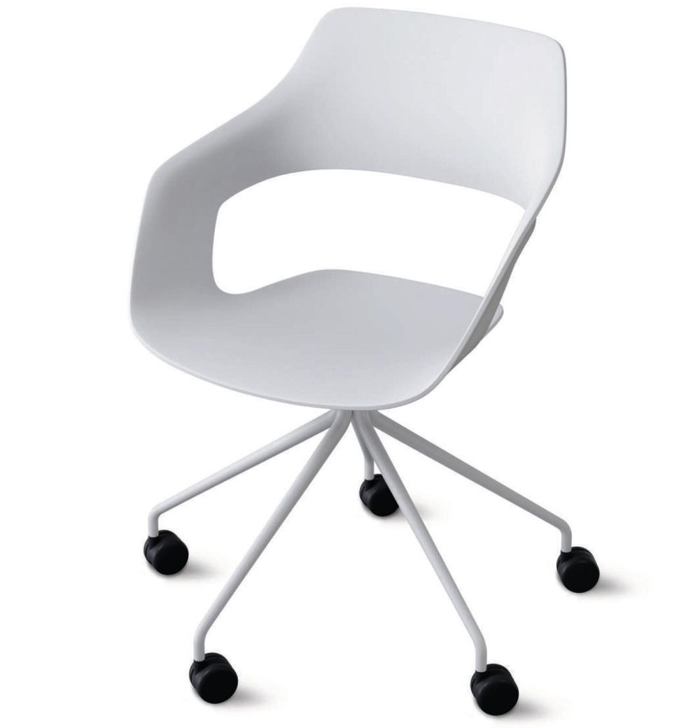 Moderner ergonomischer Bürostuhl mit weißem Kunststoffsitz und Rollen, ideal für dynamisches Sitzen im Büro.