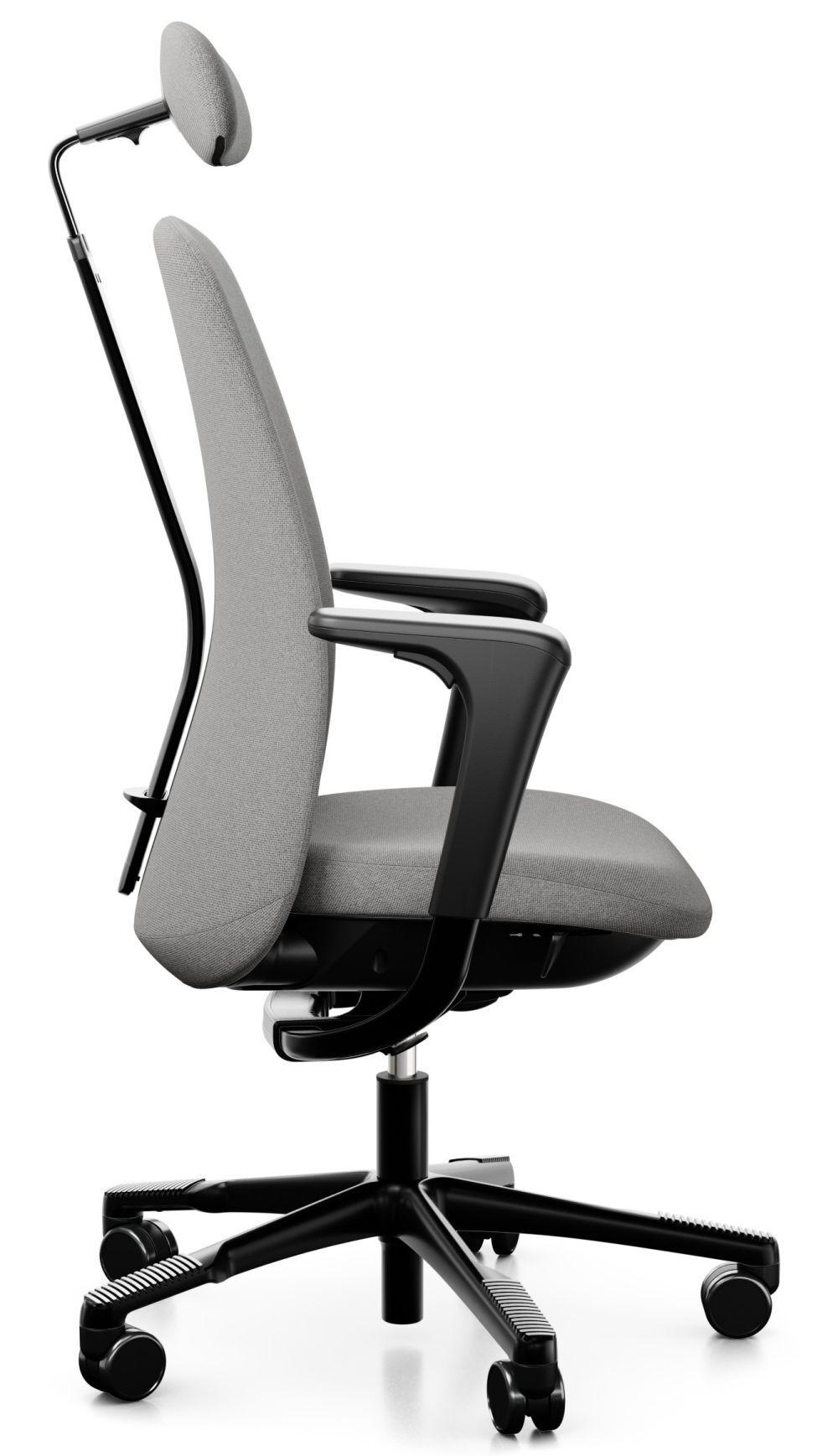 Ergonomischer Bürostuhl seitlich, mit verstellbarer Kopfstütze, Armlehnen und Rollen für dynamisches Sitzen.