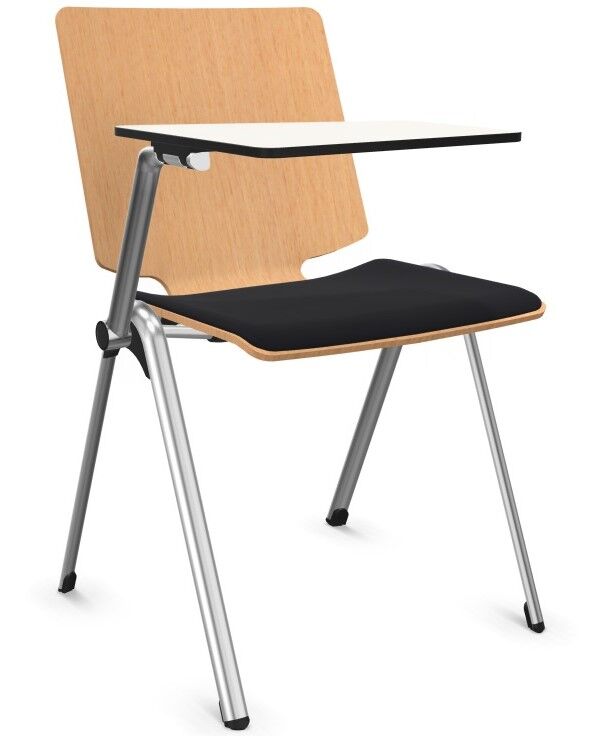 Moderner ergonomischer Stuhl mit Holzrückenlehne, schwarzem Sitzpolster und Metallbeinen, ideal für dynamisches Sitzen.