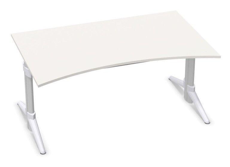 Moderner weißer Schreibtisch mit gebogenem Design und stabilen, höhenverstellbaren Metallbeinen.