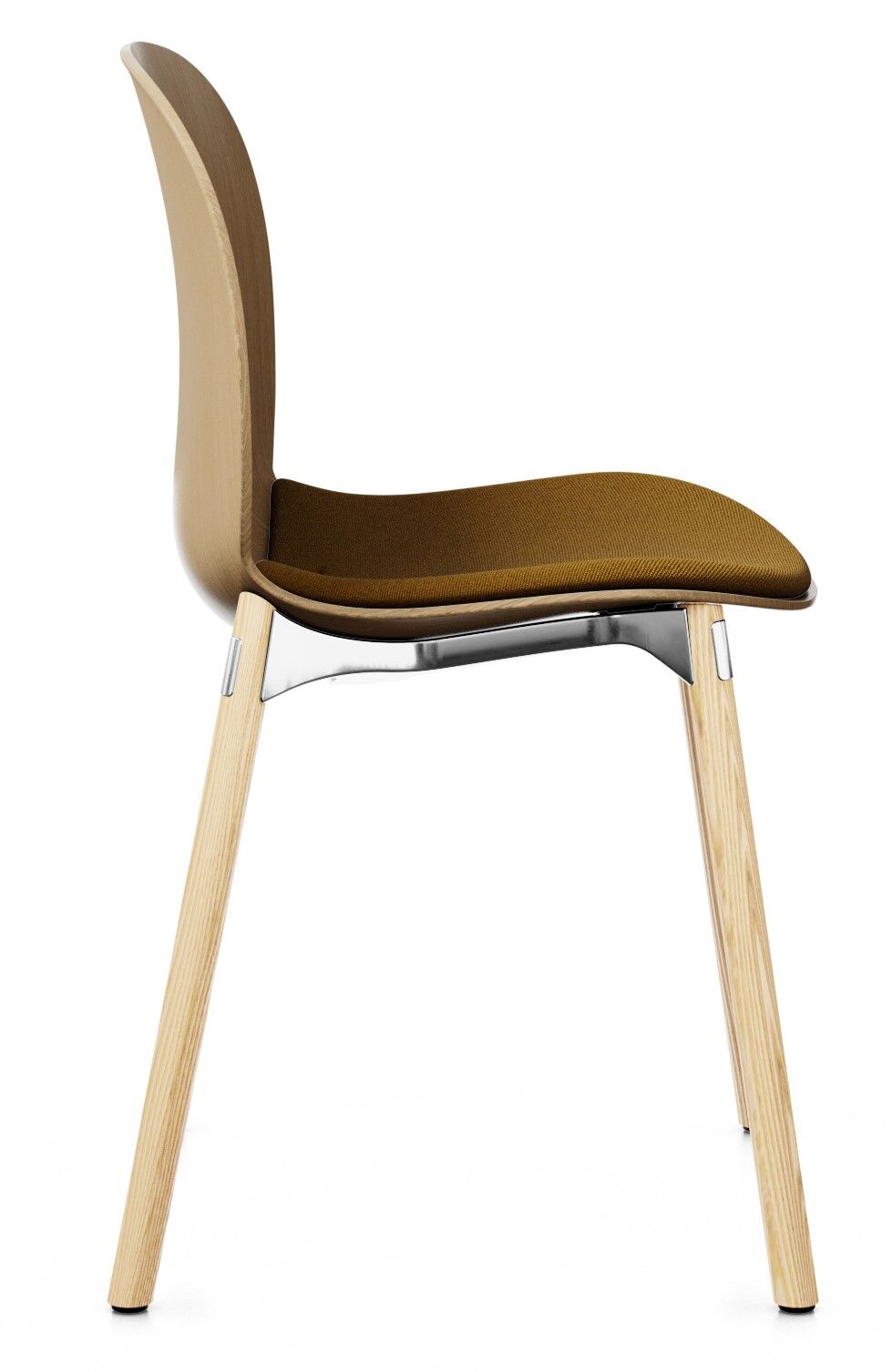 Ergonomischer Stuhl mit holzfarbenen Beinen und braunem Sitz, ideal für dynamisches Sitzen im Büro.