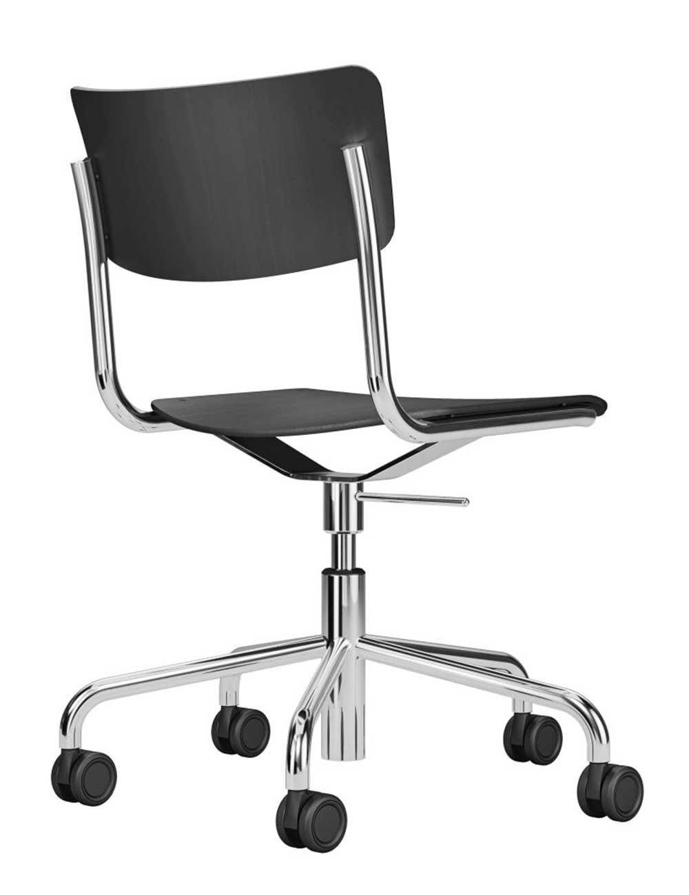 Stilvoller schwarzer Bürostuhl mit verchromtem Gestell, höhenverstellbar, auf Rollen für dynamisches Sitzen.