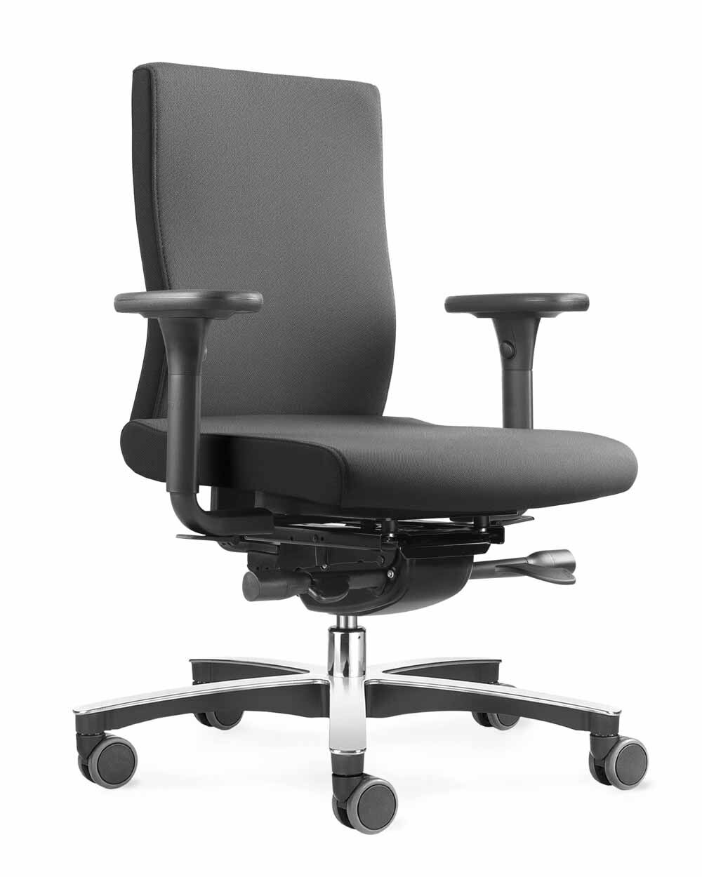 Ergonomischer Bürostuhl in Schwarz mit verstellbaren Armlehnen und fünf Rollen für dynamisches Sitzen.