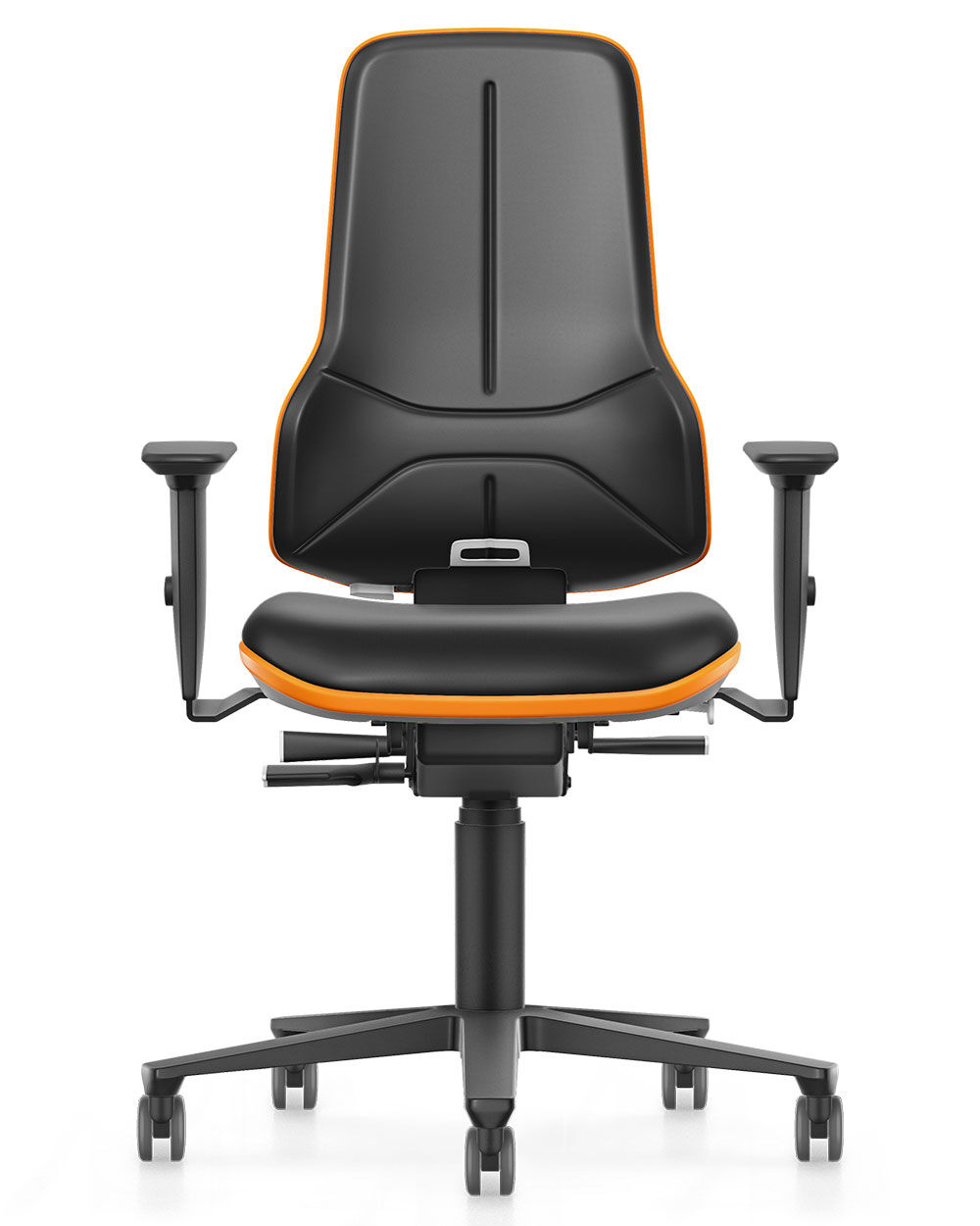 Ergonomischer Bürostuhl mit schwarz-orangenem Design, einstellbare Armlehnen und moderne Rollen für dynamisches Sitzen.