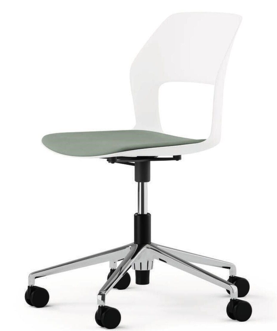 Moderner ergonomischer Bürostuhl mit weißer Rückenlehne, grünem Sitz und verchromtem Drehgestell auf Rollen.