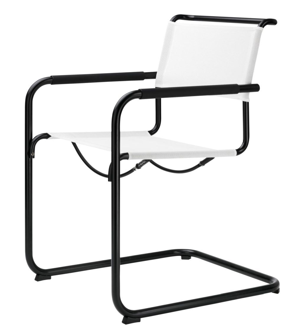 Moderner Schwingstuhl mit schwarzem Metallrahmen und weißer Sitzfläche, ideal für ergonomisches Sitzen.