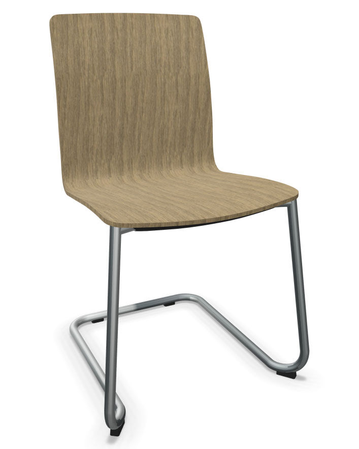 Moderner Holzstuhl mit schlankem, silbernem Metallrahmen. Ideal für ergonomische, stilvolle Arbeitsumgebungen.