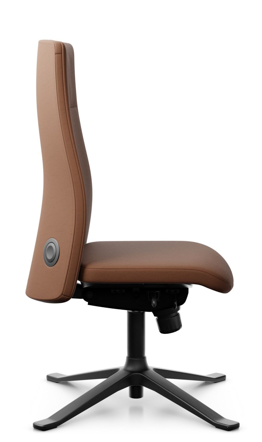 Ergonomischer Bürostuhl mit braunem Stoffbezug und schwarzem Drehgestell, seitliche Ansicht des Designs.