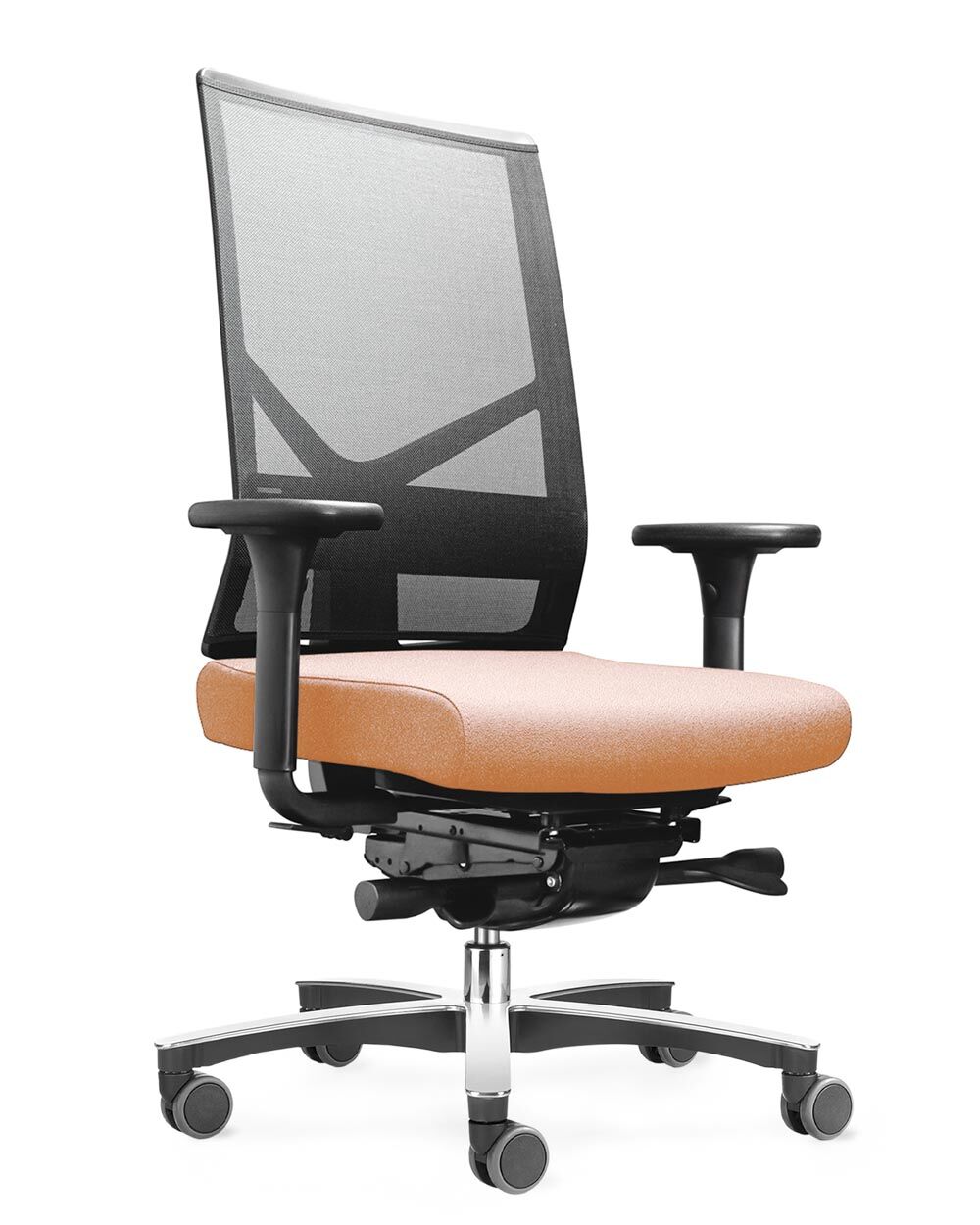 Ergonomischer Bürostuhl mit Netzrückenlehne, verstellbaren Armlehnen und gepolstertem Sitz auf einem drehbaren Rollfuß.