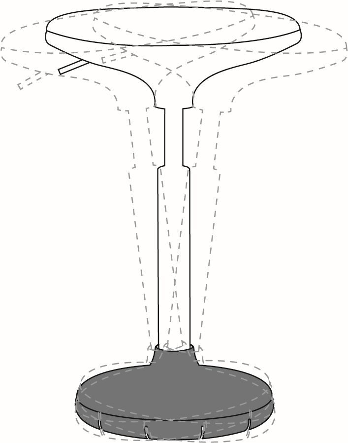 Ergonomischer Hocker mit dynamischer Sitzanpassung, schwarzer runder Basis und verstellbarer Sitzfläche.