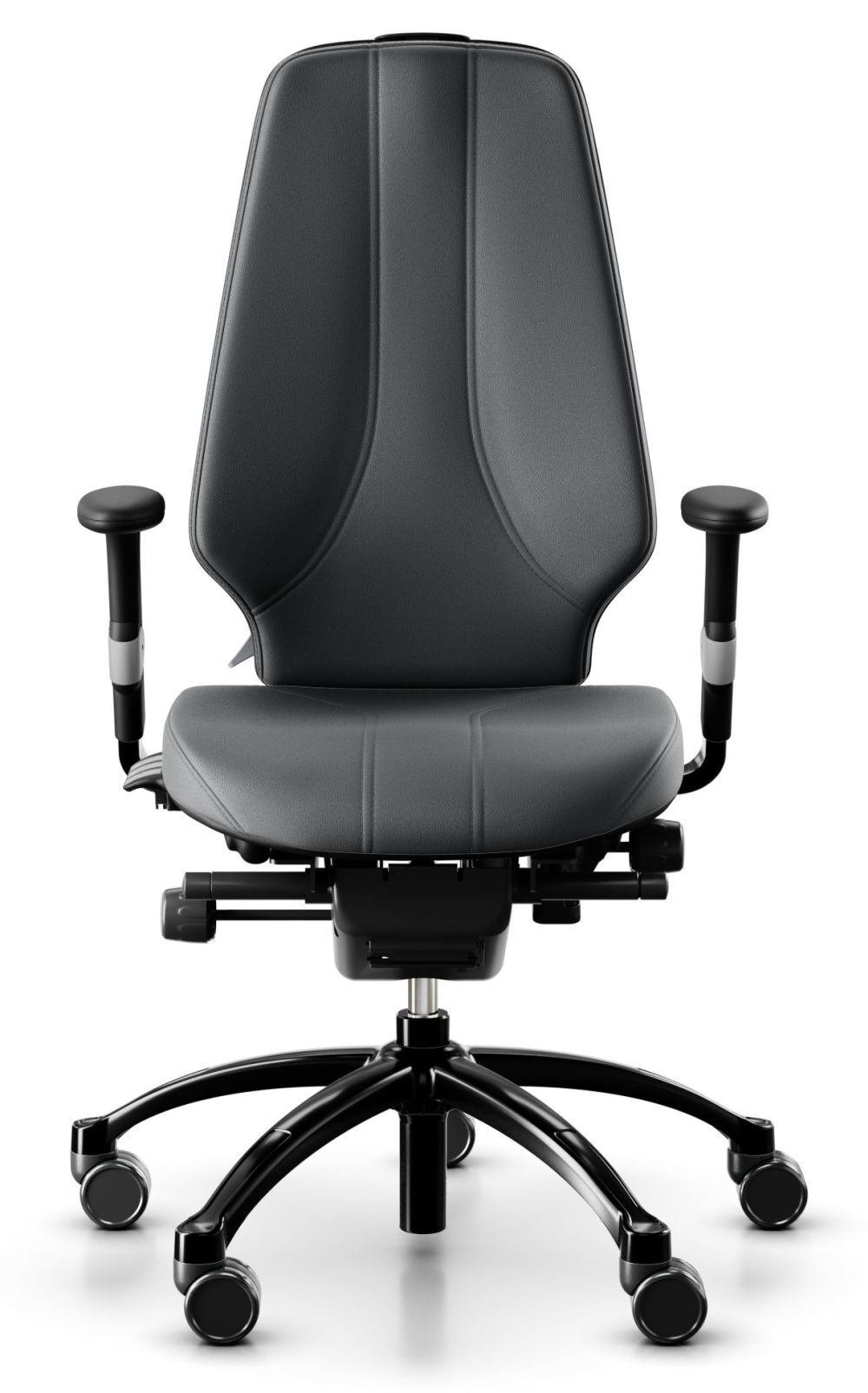 Ergonomischer Bürostuhl mit verstellbaren Armlehnen und Rückenlehne, ideal für gesundes, dynamisches Sitzen.