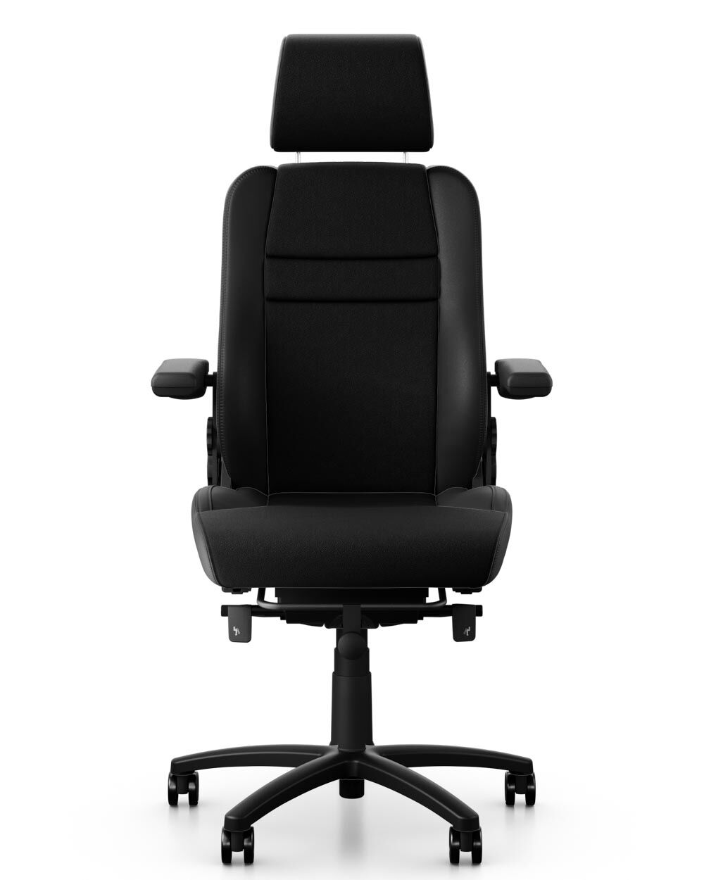 Schwarzer ergonomischer Bürostuhl mit Kopfstütze und verstellbaren Armlehnen auf Rollen, ideal für dynamisches Sitzen.