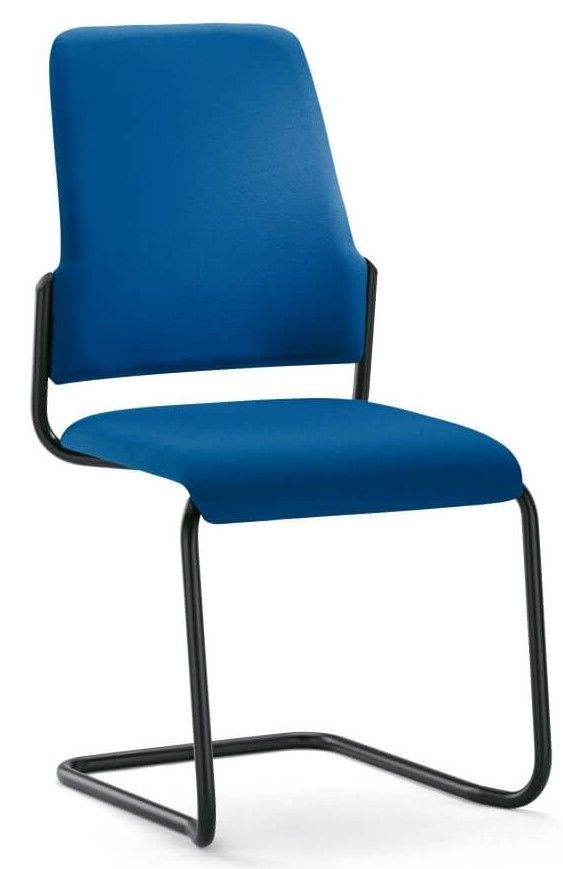 Ergonomischer Freischwinger mit blauem Sitz und Rückenlehne aus hochwertigem Stoff und schwarzem Metallrahmen.