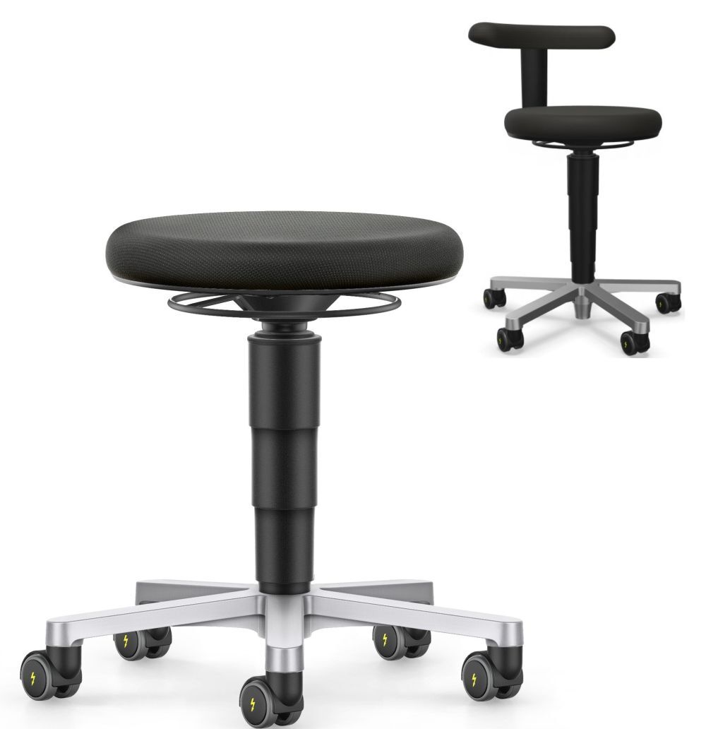 Zwei ergonomische Bürohocker mit Rollen, drehbarem Sitz und einem Modell mit Rückenlehne, ideal für dynamisches Sitzen.
