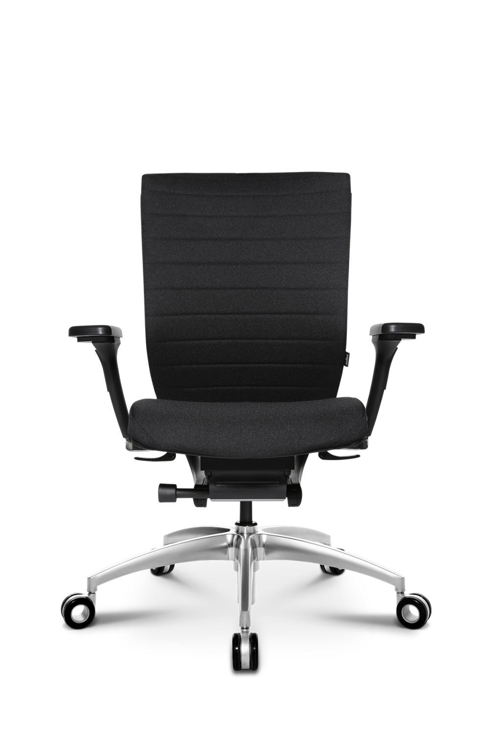 Ergonomischer Bürostuhl mit schwarzem Polster, verstellbaren Armlehnen und Aluminium-Fußkreuz auf Rollen.