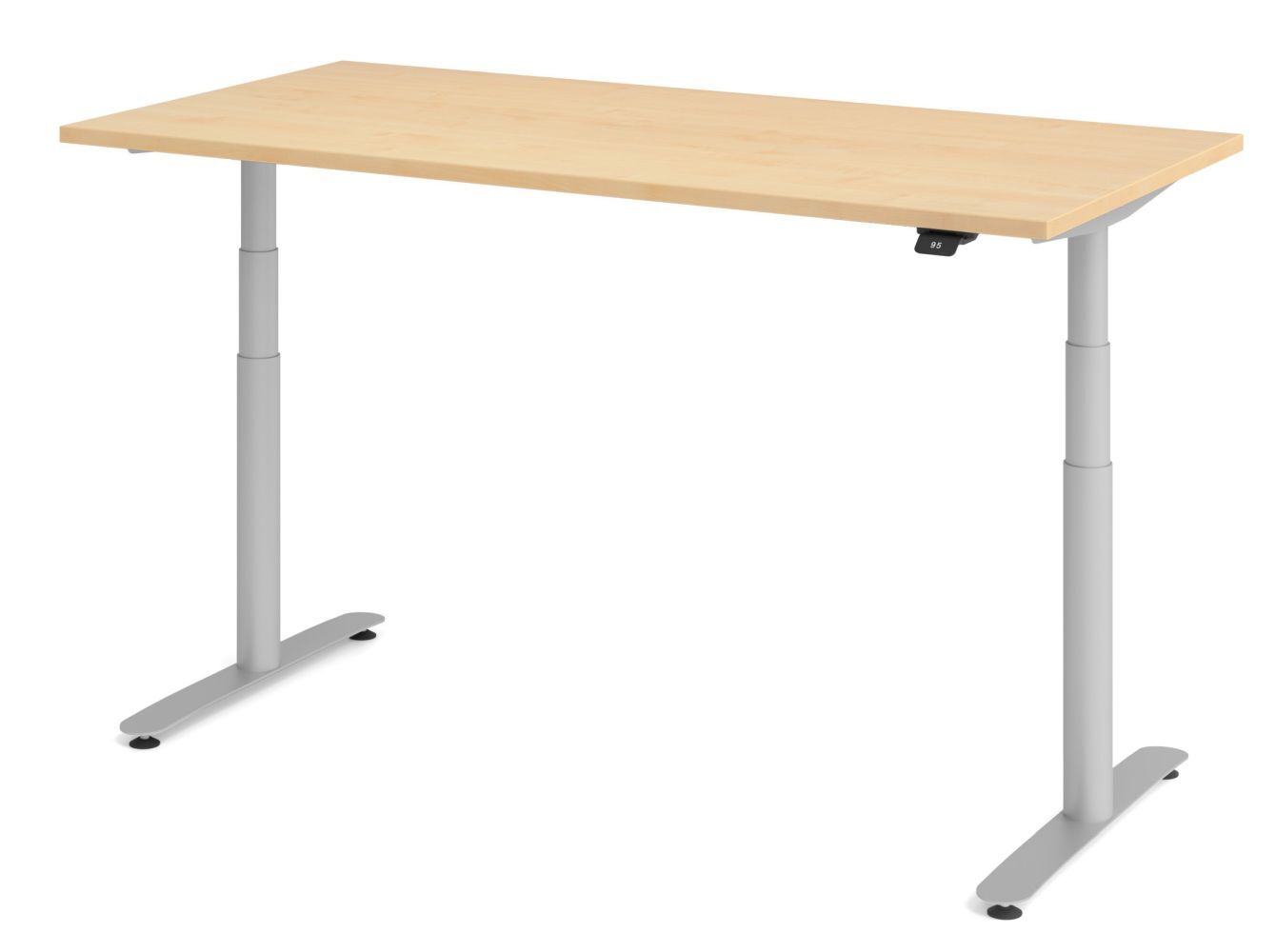 Höhenverstellbarer Schreibtisch mit Holzplatte und silbernen Beinen, ideal für ergonomische Arbeitsplätze.