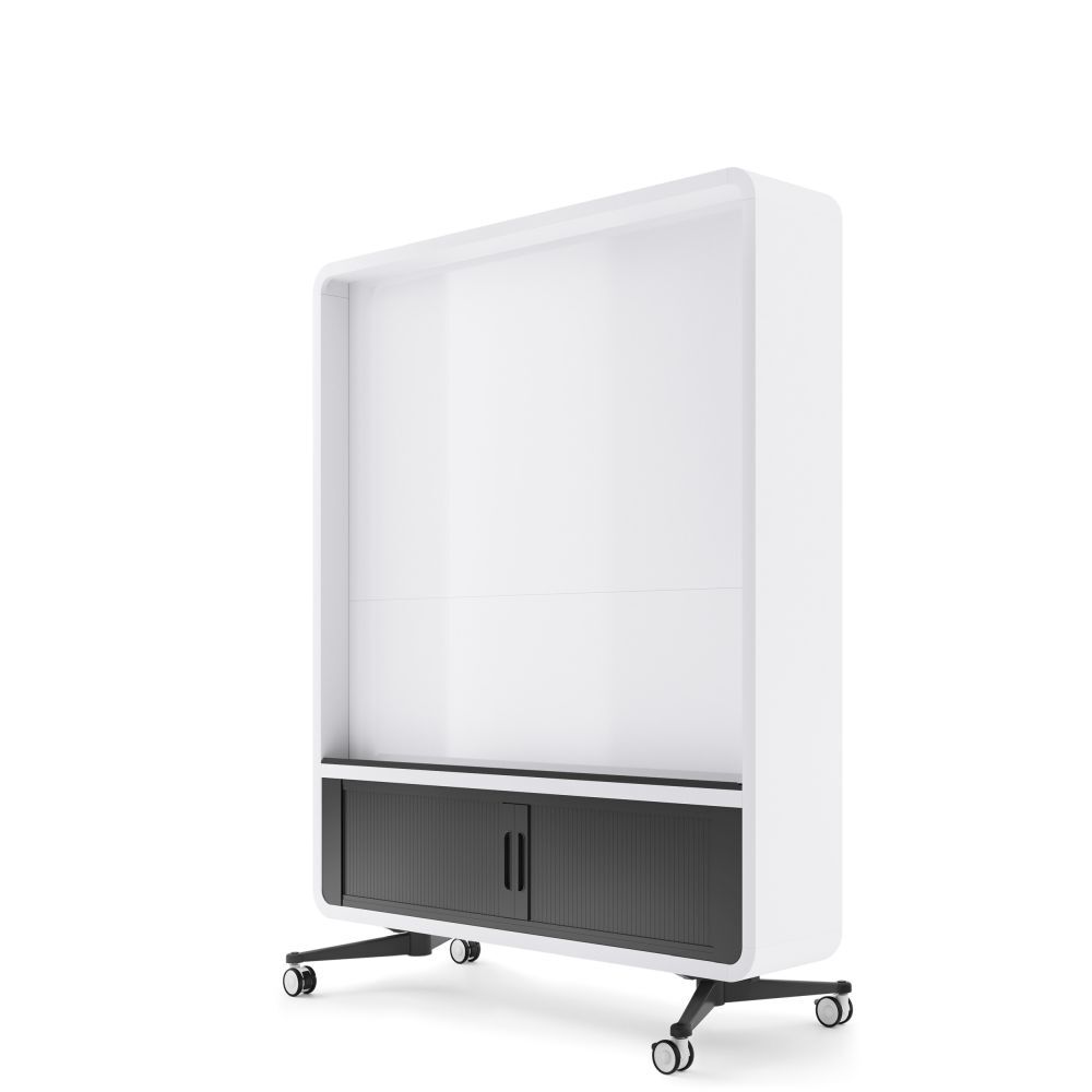 Moderner, rollbarer Schrank mit schwarzem Fach und weißem Rahmen, ideal für Büros oder Home-Office.