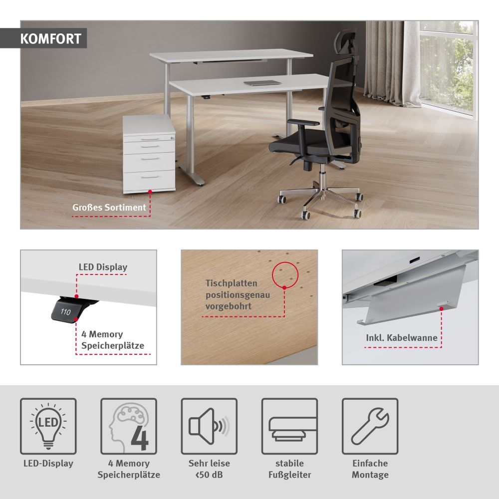 Büroeinrichtung mit höhenverstellbarem Tisch, ergonomischem Stuhl, LED-Display, Kabelwanne und positionierten Bohrungen.