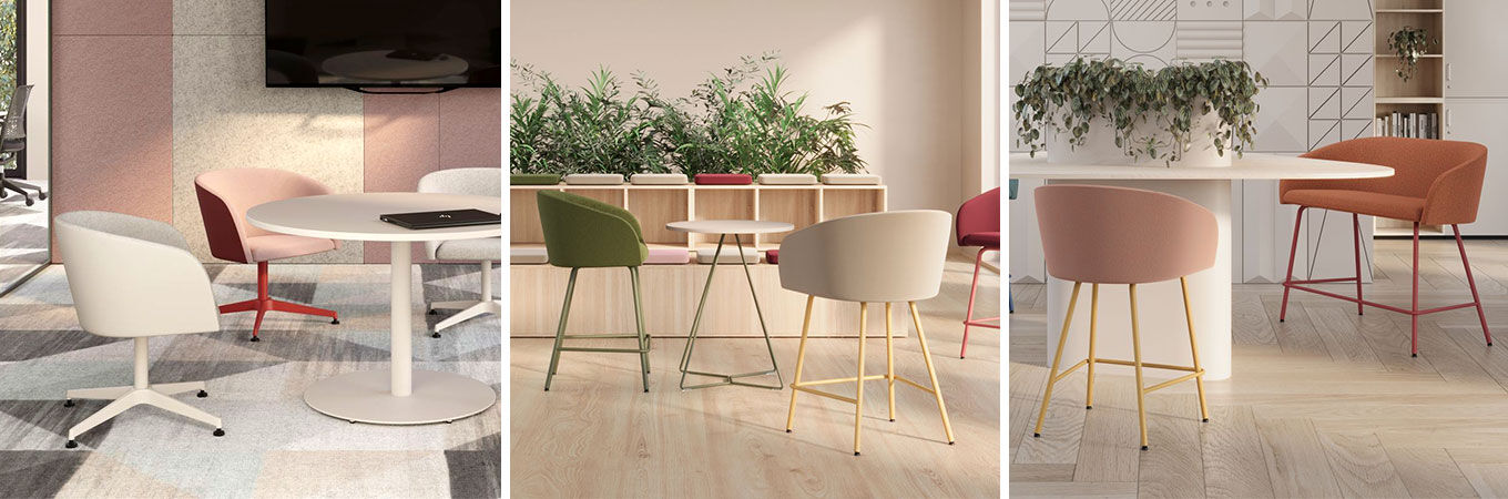 Drei moderne Bürobereiche mit ergonomischen Stühlen in verschiedenen Farben, Betonung auf Design und Komfort.