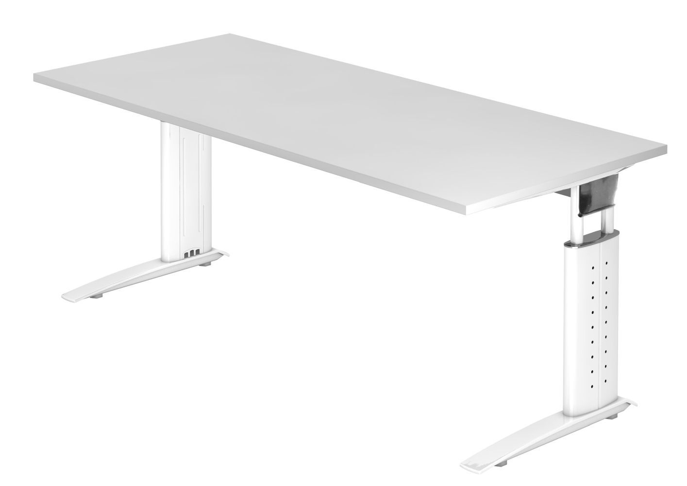 Weißer höhenverstellbarer Schreibtisch mit modernen, ergonomischen Design und stabilen T-Fußgestell für gesundes Arbeiten.