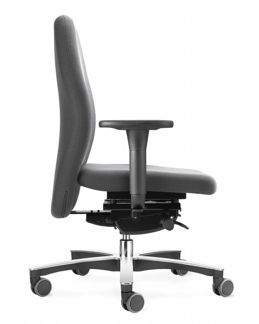 Seitliche Ansicht eines grauen ergonomischen Bürostuhls mit verstellbaren Armlehnen und stabiler Rollenbasis.