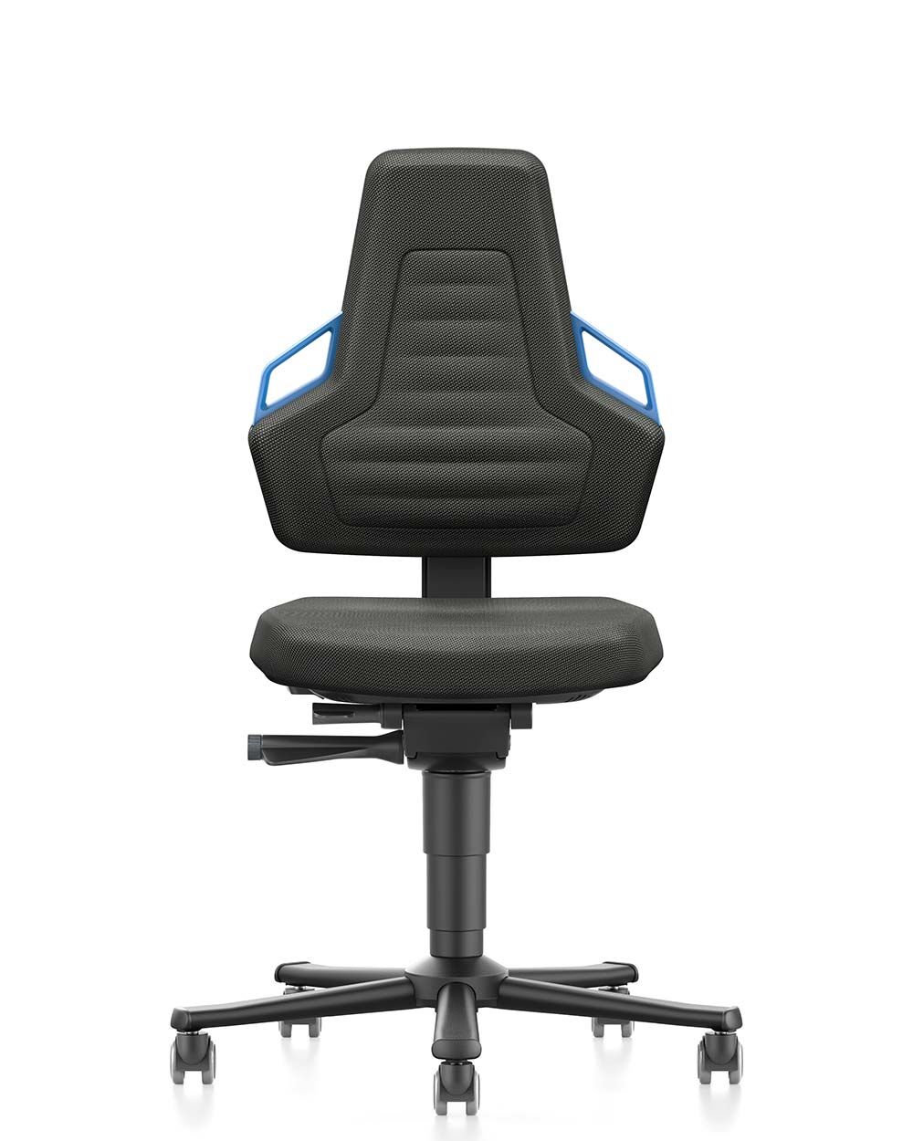 Schwarzer ergonomischer Bürostuhl mit auffälligen blauen Details und gepolstertem Rückenteil für dynamisches Sitzen.