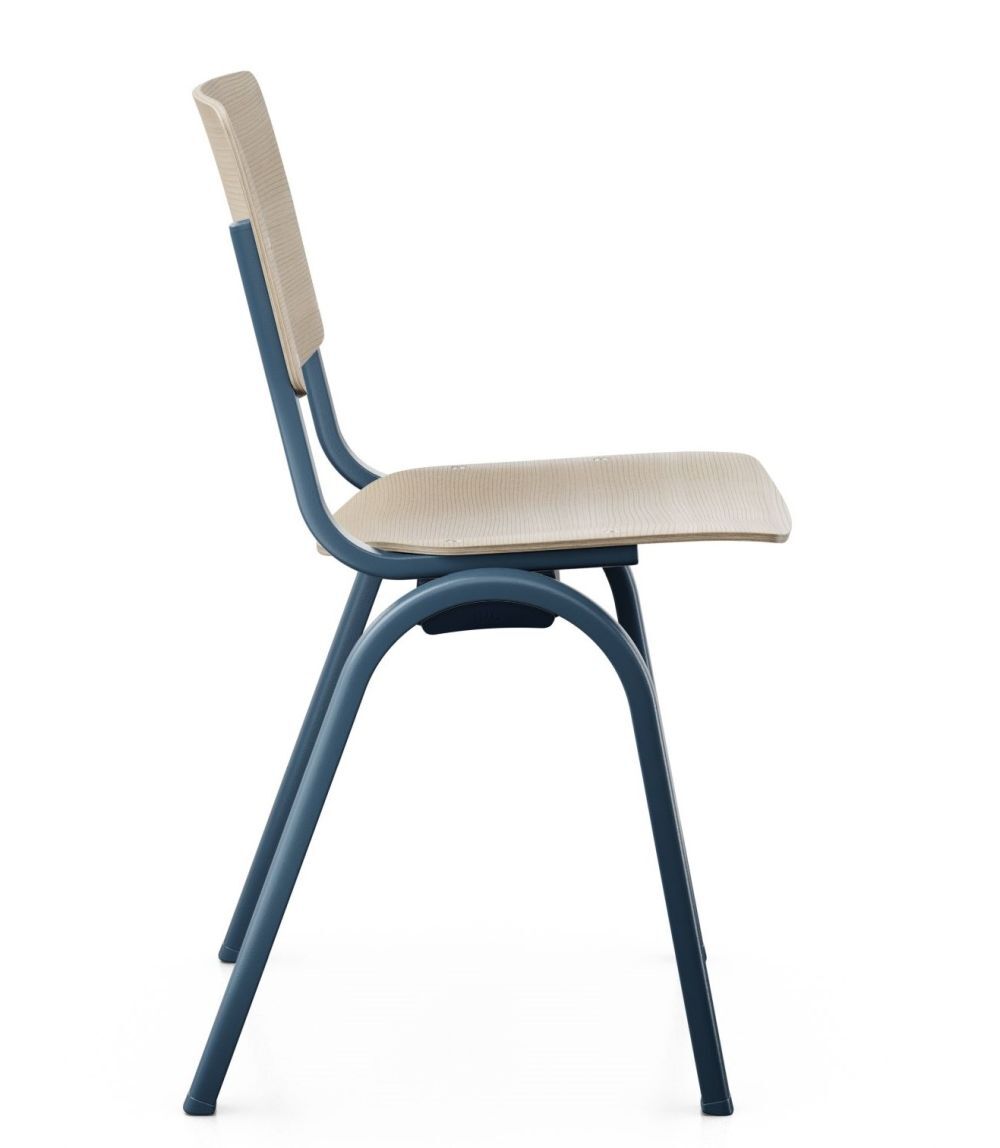 Moderner ergonomischer Stuhl mit blauem Metallrahmen und hellbeigem Sitz, ideal für dynamisches Sitzen.