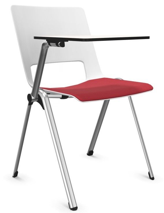 Moderner Stuhl mit roter Sitzfläche und integriertem Schreibpult, ideal für ergonomische Arbeitsplatzlösungen.