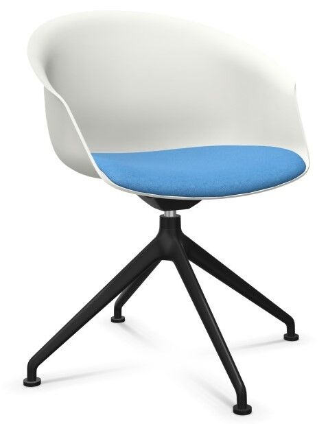 Moderner ergonomischer Stuhl mit weißer Schale, blauer Sitzfläche und schwarzem Dreibeingestell.