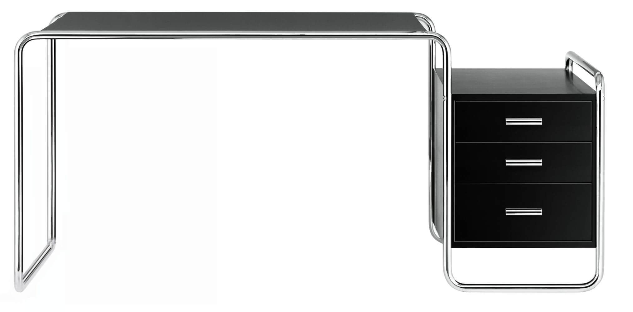 Moderner Schreibtisch mit verchromtem Gestell und schwarzer Oberfläche, inklusive integriertem Schubladenschrank.