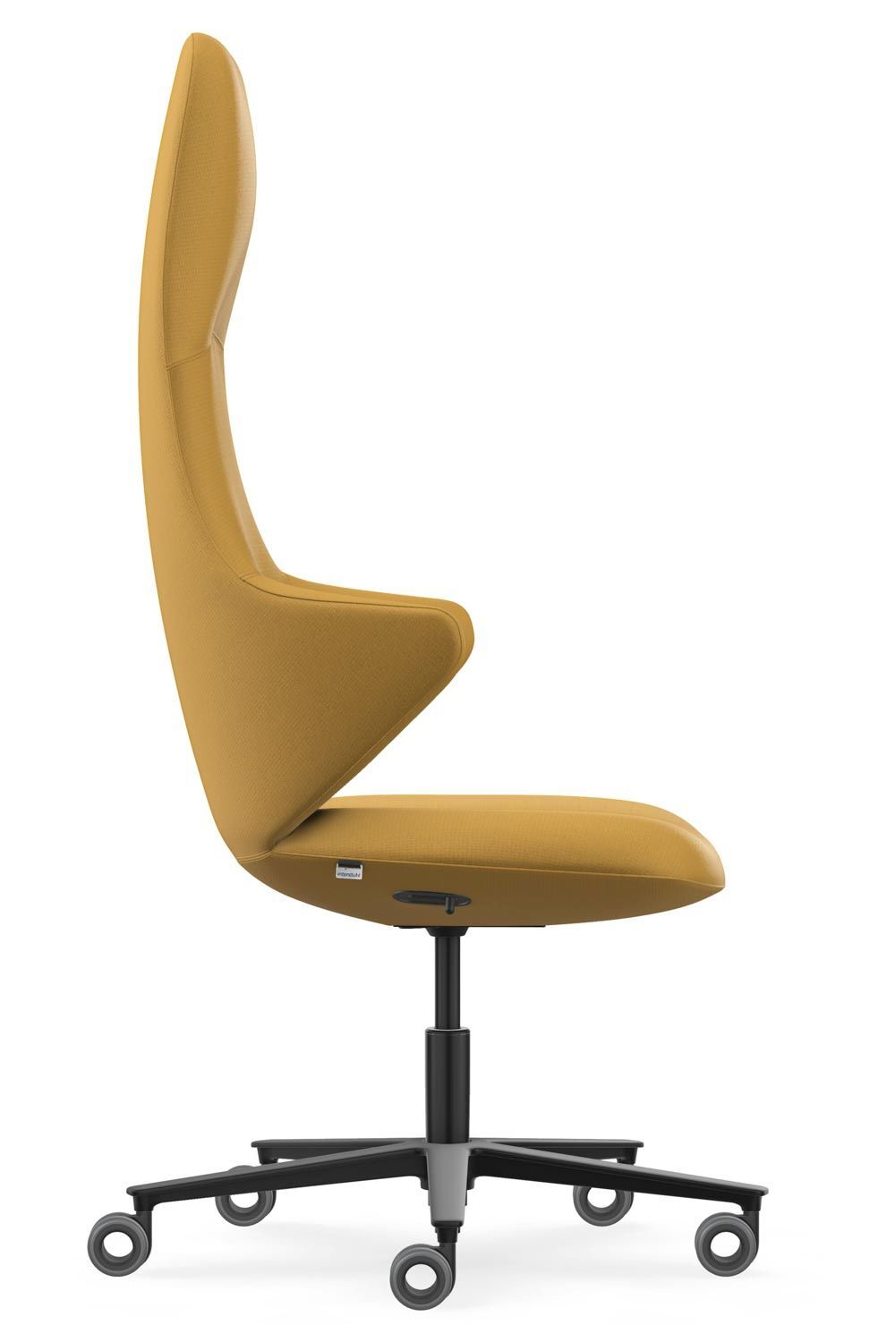 Seitliche Ansicht eines ergonomischen Bürostuhls in Senfgelb mit hoher Rückenlehne und Rollenfuß.