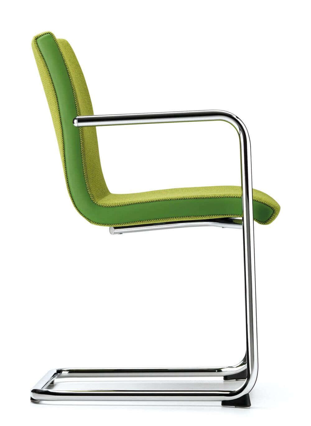 Moderner, grüner Freischwinger-Bürostuhl mit ergonomischem Design und verchromtem Gestell.