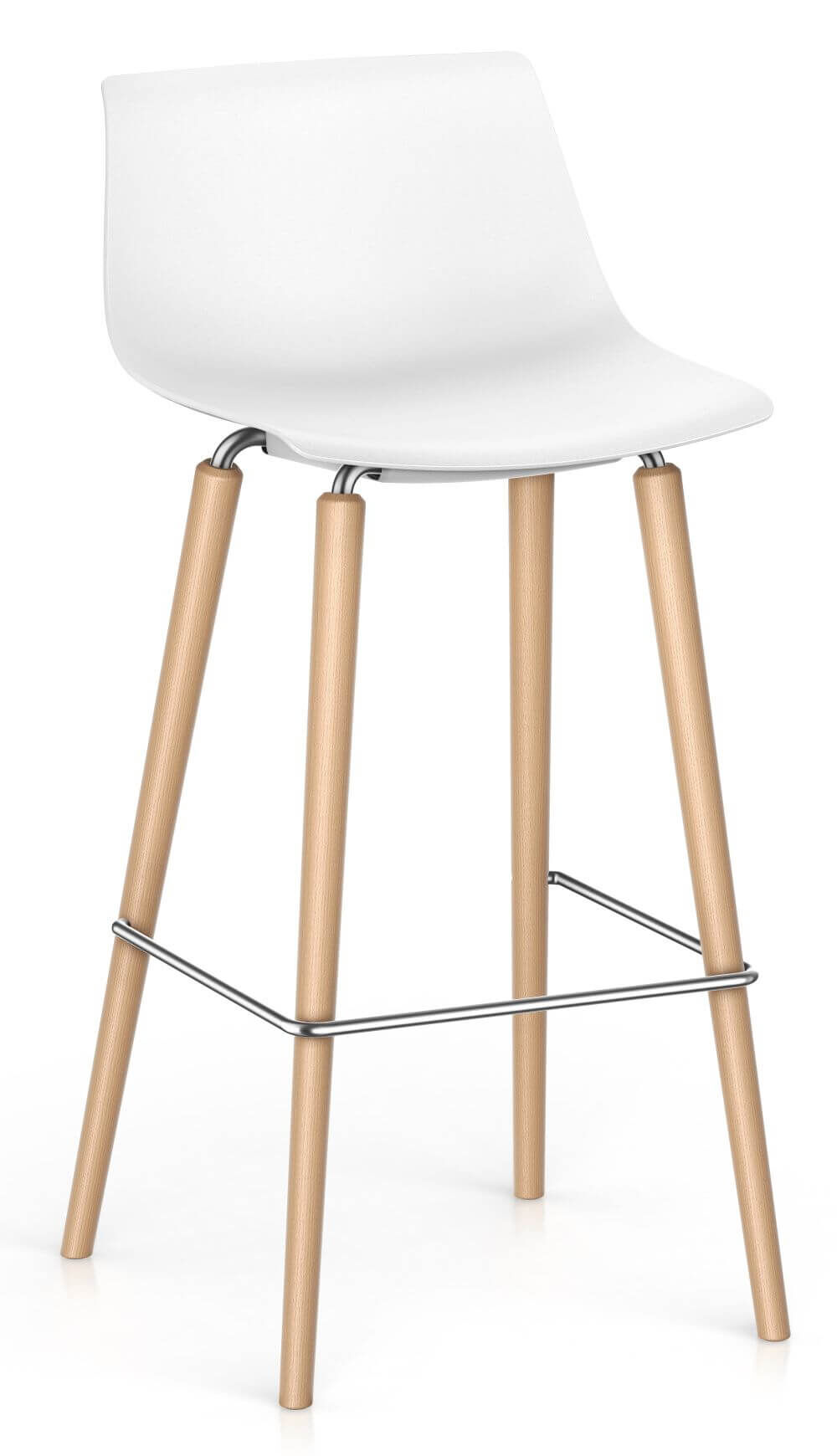 Moderner Barhocker mit weißer Sitzschale und hellen Holzbeinen, ideal für ergonomisches Sitzen.