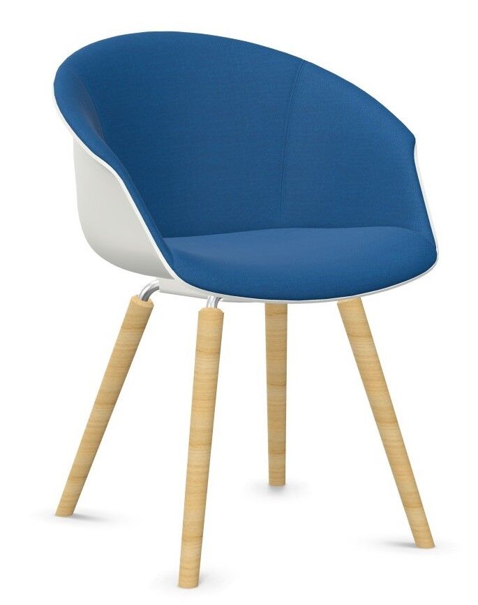 Moderner Stuhl mit blauer, ergonomischer Sitzschale und heller Holzoptik, ideal für dynamisches Sitzen.