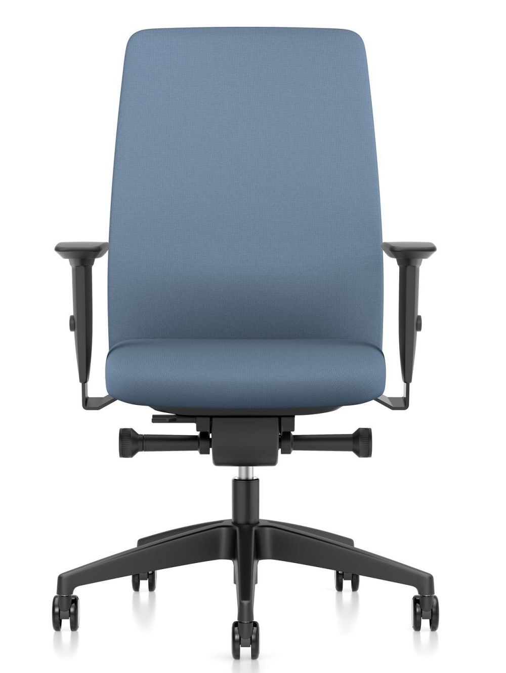 Ergonomischer Bürostuhl in Blau mit verstellbaren Armlehnen und Rollen, ideal für dynamisches Sitzen.
