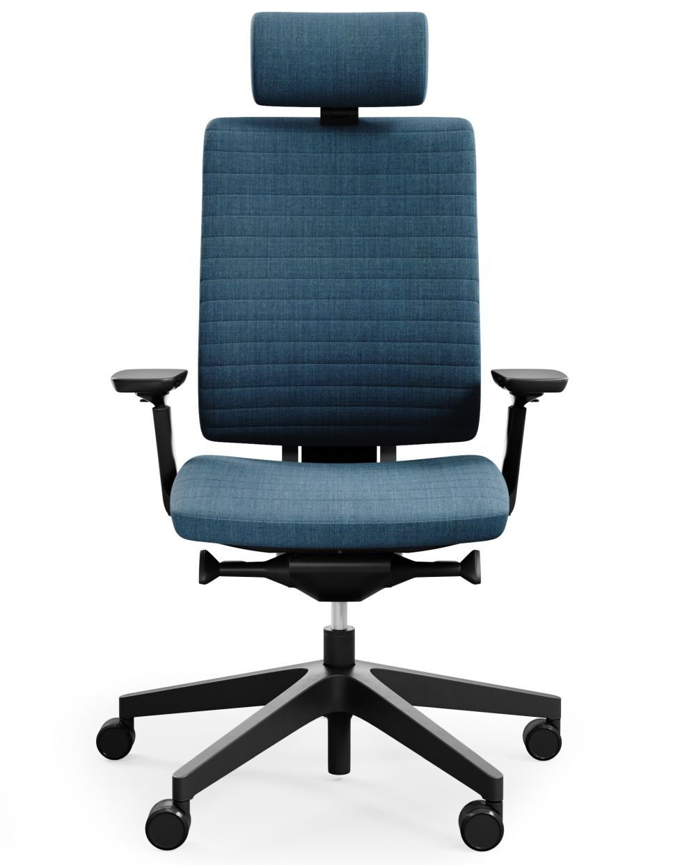 Ergonomischer Bürostuhl mit blauer Polsterung, verstellbaren Armlehnen und Kopfstütze für dynamisches Sitzen.