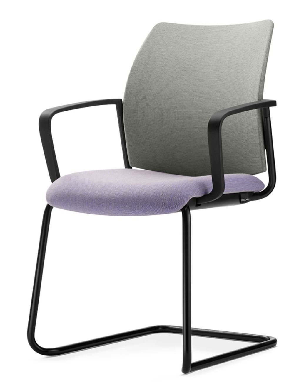 Ergonomischer Freischwinger-Besucherstuhl mit schwarzem Gestell, grauer Rückenlehne und hellviolettem Sitzpolster.