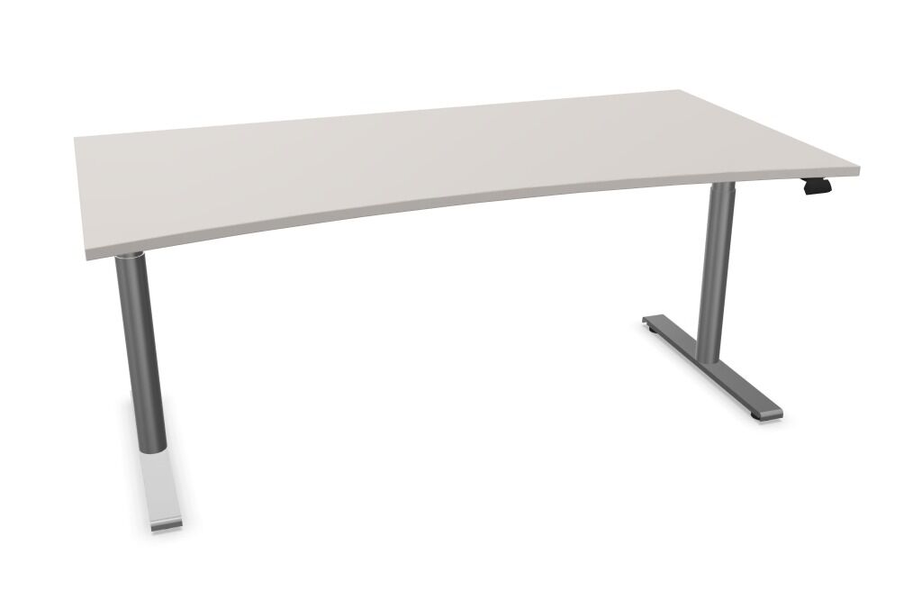 Ergonomischer höhenverstellbarer Schreibtisch mit grauer Tischplatte und silbernen Beinen für gesundes Arbeiten.