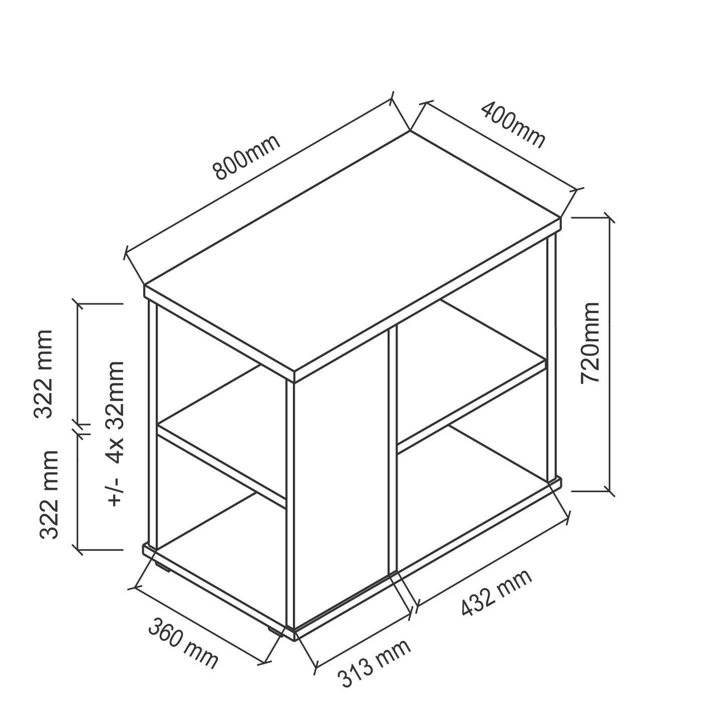 Technische Zeichnung eines Regals mit Maßen: 800mm Breite, 400mm Tiefe, und 720mm Höhe.