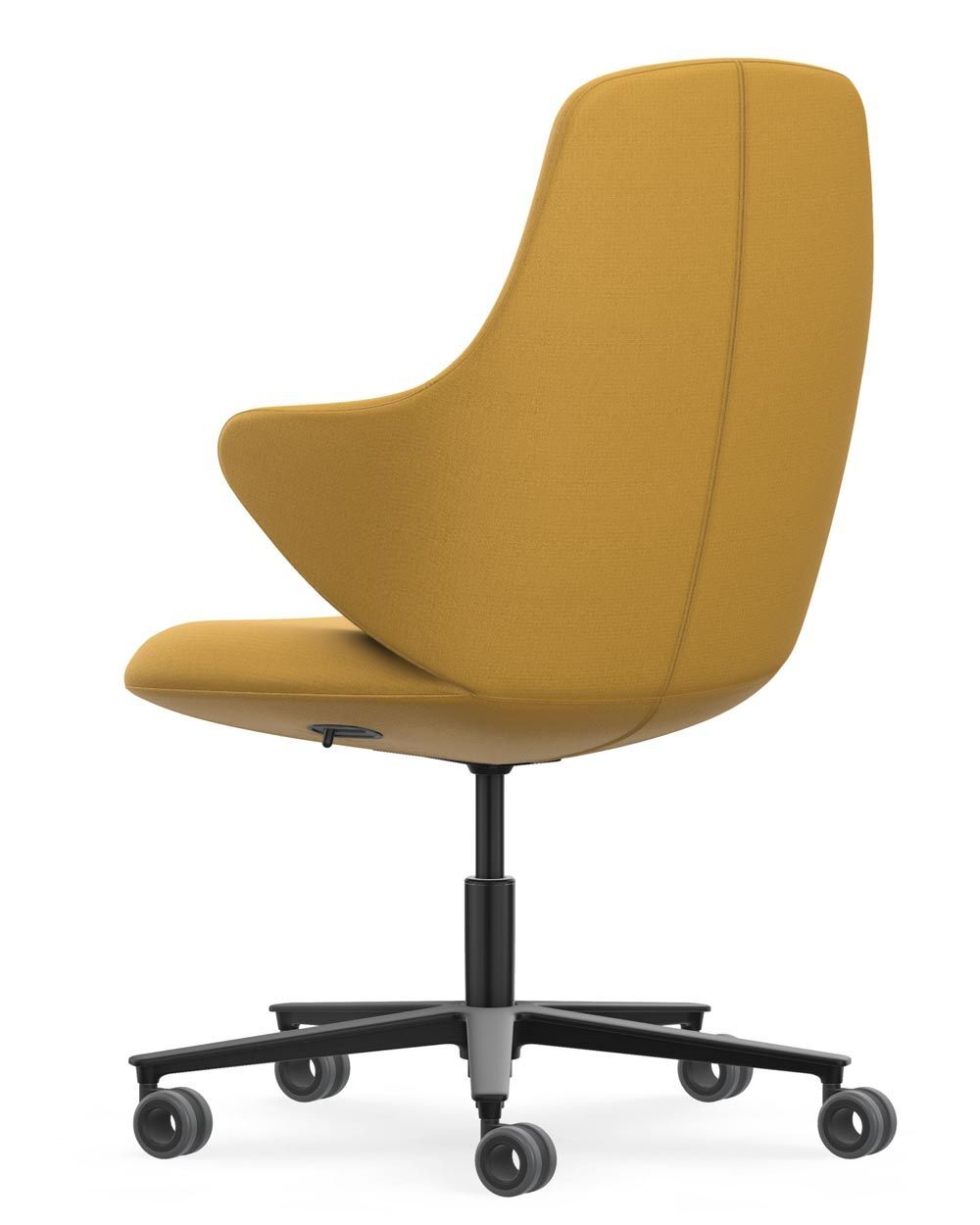 Moderner gelber ergonomischer Bürostuhl mit hoher Lehne und Rollen, ideal für dynamisches Sitzen.