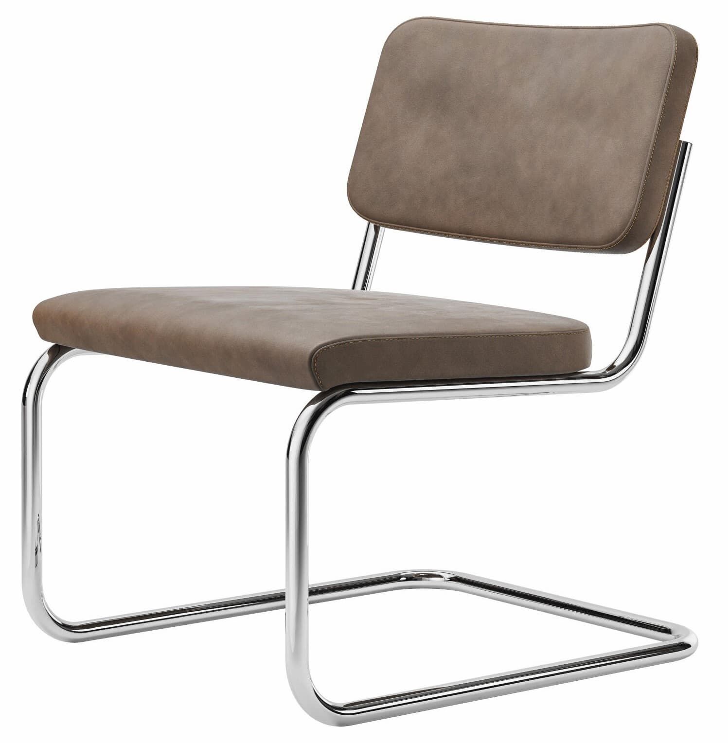 Moderner Freischwinger-Stuhl mit braunem Polster und Chromgestell, ideal für ergonomisches Sitzen im Büro.