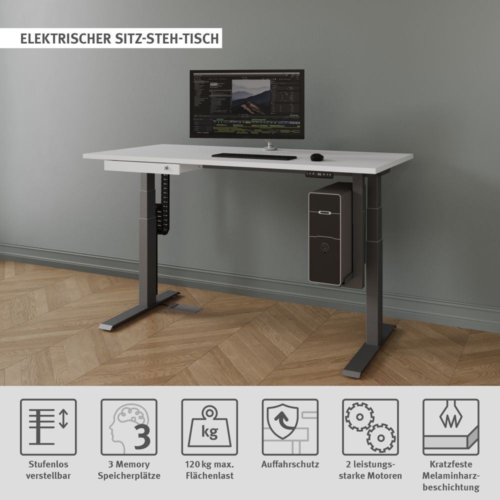 Elektrischer Sitz-Steh-Tisch mit Monitor und PC, höhenverstellbar, anpassbar, für ergonomisches Arbeiten geeignet.