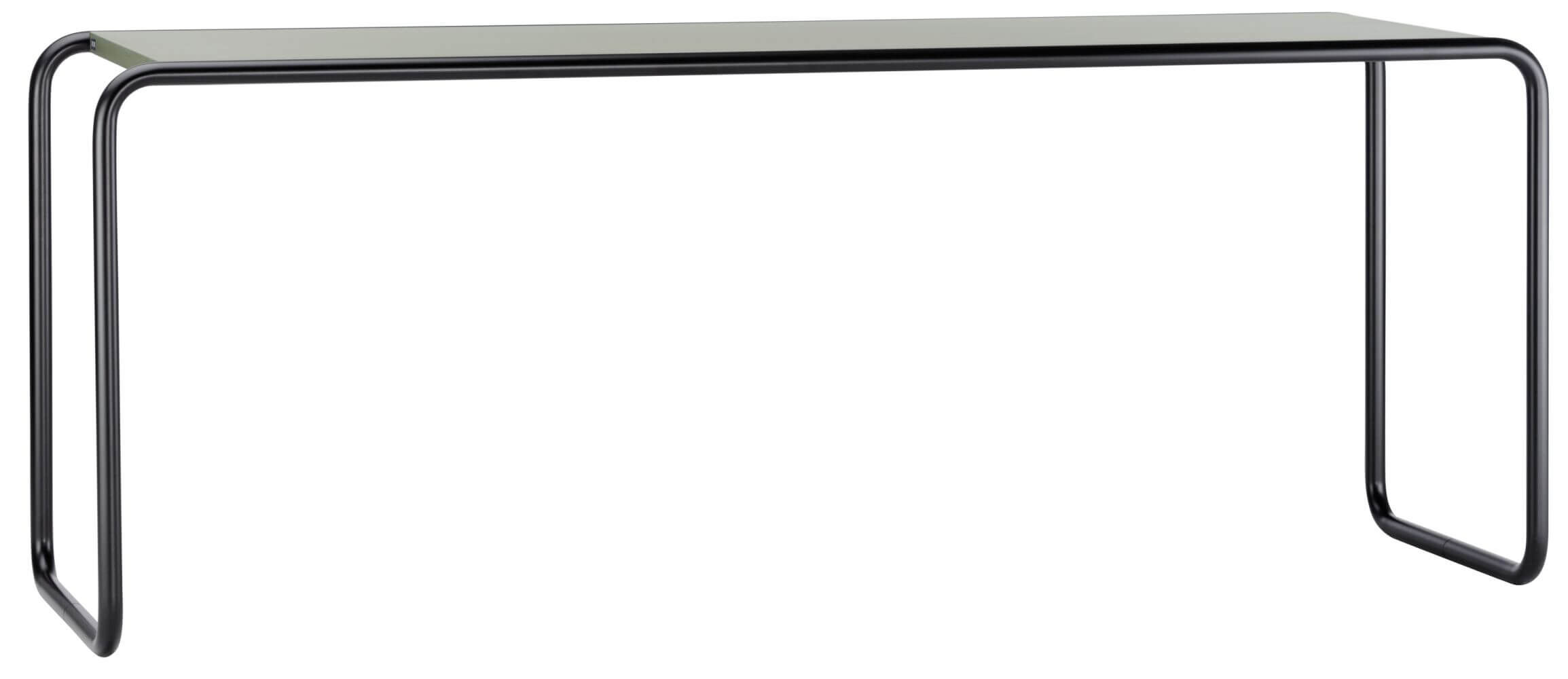 Moderner, minimalistischer Tisch mit schwarzem Metallrahmen und glatter Oberfläche, perfekt für ergonomische Arbeitsplätze.