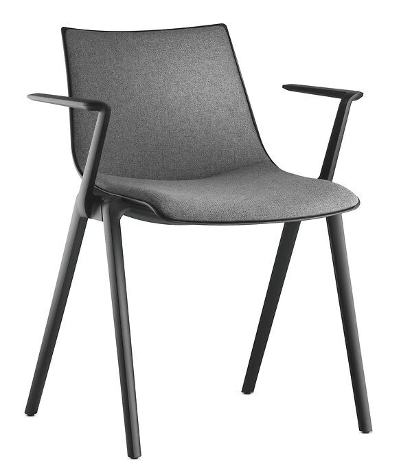 Moderner ergonomischer Stuhl mit grauem Sitzpolster und schwarzen Armlehnen, ideal für das Büro.