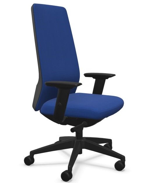 Blauer ergonomischer Bürostuhl mit hoher Rückenlehne und verstellbaren Armlehnen auf schwarzem Rollfußgestell.