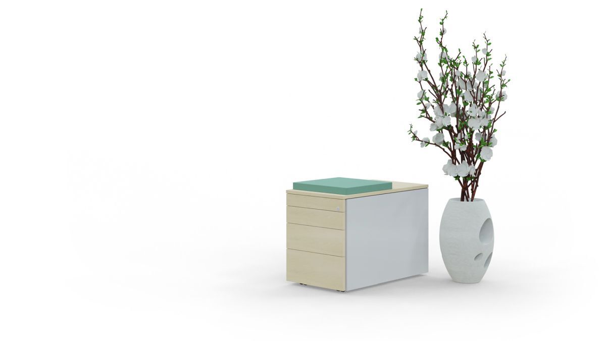 Schlichter Aktenschrank mit grüner Sitzfläche neben einer Vase mit weißen Blumen auf weißem Hintergrund.