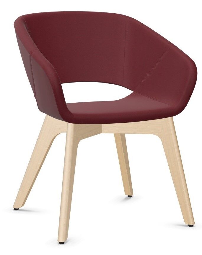 Moderner Stuhl mit weinroter Polsterung und hellem Holzgestell, ideal für ergonomische Büroumgebungen.