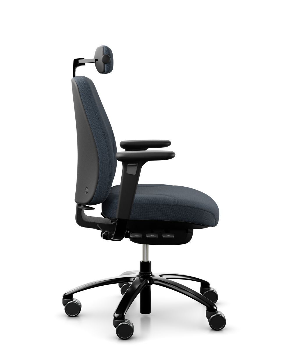 Ergonomischer Bürostuhl mit Kopfstütze, verstellbaren Armlehnen und schwarzem Drehkreuz, ideal für dynamisches Sitzen.