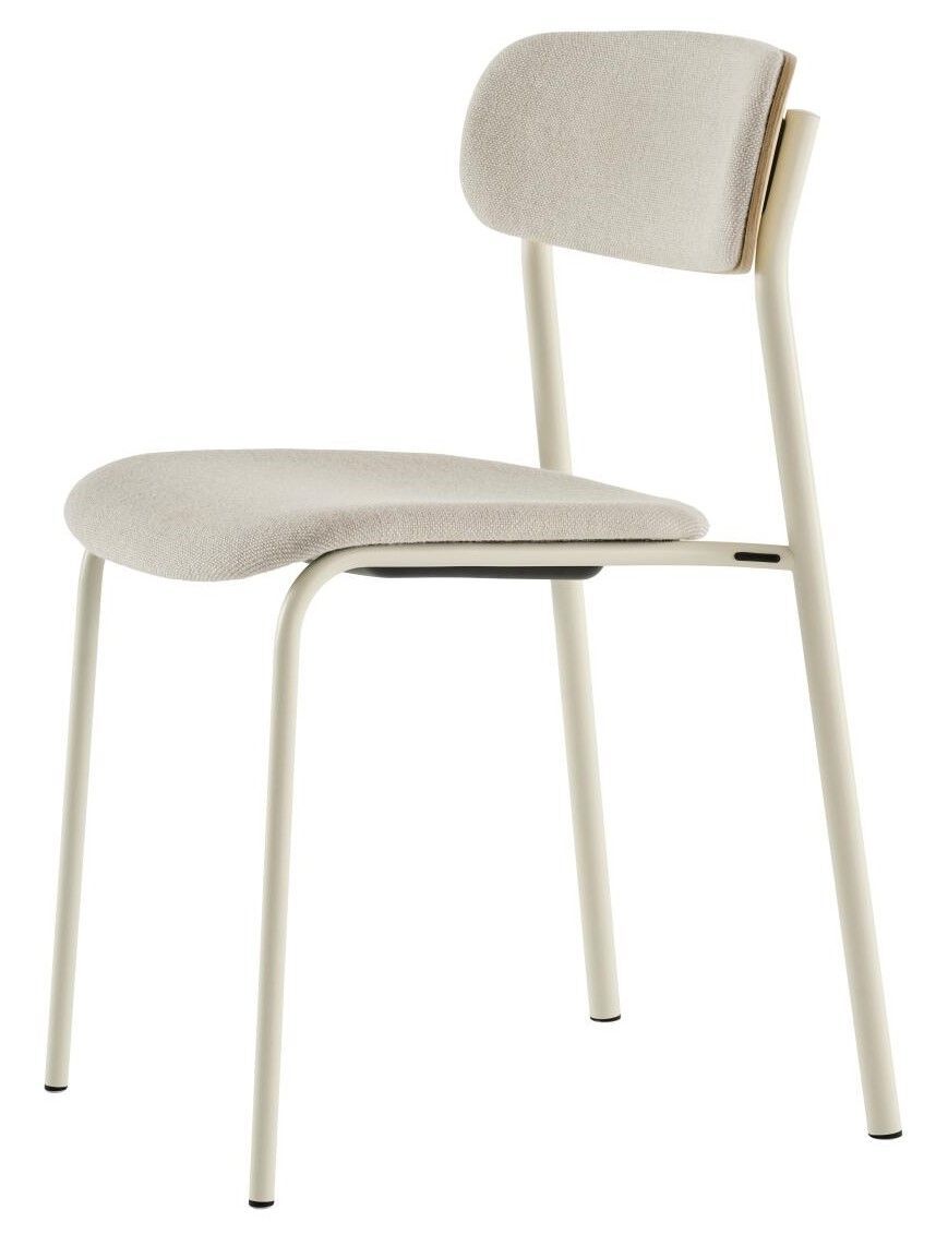 Moderner Stuhl mit hellem Polstersitz und Lehne auf einem minimalistischen Metallrahmen, ideal für ergonomisches Sitzen.